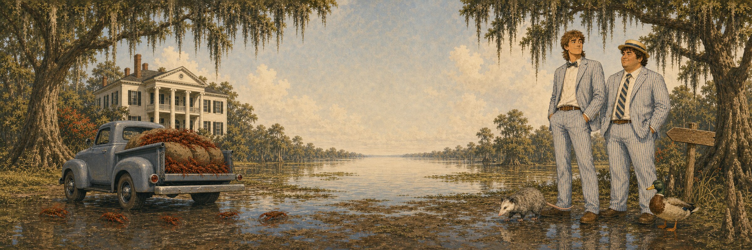 Possum and Biscuit in seersucker suits beside a crawfish-laden truck on a Louisiana bayou, with a plantation house, an opossum and a duck